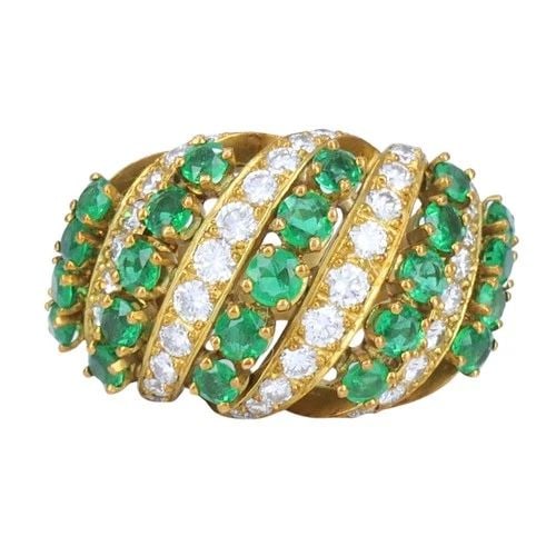 VINTAGE ASPREY & CO. 18K GOLD EMERALD DIAMOND CLUSTER COCKTAIL RING: VINTAGE ASPREY & CO. 18K GOLD EMERALD DIAMOND CLUSTER COCKTAIL RING KL EOOO This Asprey emerald and diamond ring is crafted in 18k yellow gold and reflects the structured, high jewelry design language