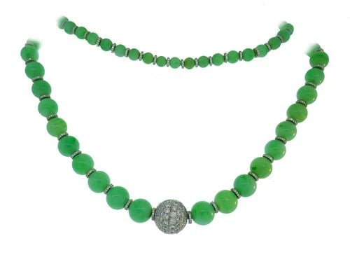 VINTAGE JADE BEAD NECKLACE WITH DIAMOND 14K WHITE GOLD RONDELLES AND CLASP: VINTAGE JADE BEAD NECKLACE WITH DIAMOND 14K WHITE GOLD RONDELLES AND CLASP Natural Jade Bead Diamond 14 karat White Gold Necklace Timeless natural jade necklace with alternating diamond & 14 karat whi