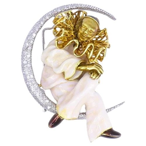 PIERROT LUNAIRE VINTAGE BROOCH 18K GOLD ENAMEL DIAMOND ESTATE JEWELRY (1 of 2)