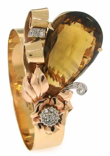 VINTAGE BIRKS 14K YELLOW GOLD RETRO BRACELET CITRINE DIAMOND ESTATE JEWELRY: VINTAGE BIRKS 14K YELLOW GOLD RETRO BRACELET CITRINE DIAMOND ESTATE JEWELRY Birks Citrine Diamond 14 karat Yellow Gold Bracelet Lovely and bold retro bracelet created by Birks in the 1940s. Made of 14