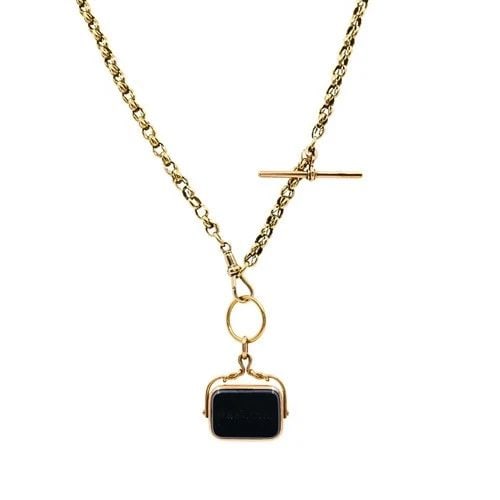 ANTIQUE 9K GOLD ALBERT CHAIN NECKLACE BLOODSTONE AGATE PENDANT: ANTIQUE 9K GOLD ALBERT CHAIN NECKLACE BLOODSTONE AGATE PENDANT Product details: Materials: 9K Gold Weight: Chain - 22 Grams; Pendant - 15.6 Grams Gemstone: Bloodstone, Agate Measurement: Pendant - 1" 