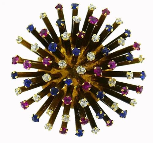VINTAGE YELLOW GOLD SPUTNIK PIN BROOCH CLIP FRENCH DIAMOND RUBY SAPPHIRE 1950S: VINTAGE YELLOW GOLD SPUTNIK PIN BROOCH CLIP FRENCH DIAMOND RUBY SAPPHIRE 1950S Diamond Ruby Sapphire 18k Yellow Gold Sputnik Clip Inspired by the first sputnik launched in 1957, this colorful clip was