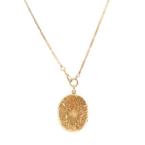14K GOLD ENGRAVED LOCKET PENDANT GOLD ANTIQUE WATCH CHAIN (1 of 2)