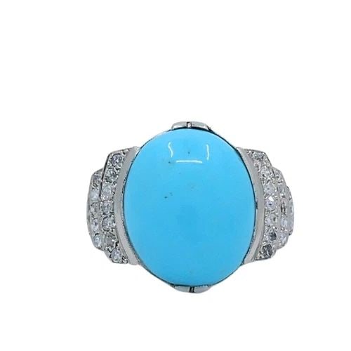 FRENCH TURQUOISE RING DIAMOND 18K WHITE GOLD: FRENCH TURQUOISE RING DIAMOND 18K WHITE GOLD Product details: CIRCA: Early 20th Century MATERIALS: 18k Gold GEMSTONE: Turquoise, Diamond WEIGHT: 6.3 Grams RING SIZE: 5.25 MEASUREMENTS: Stone - 1/2" x 