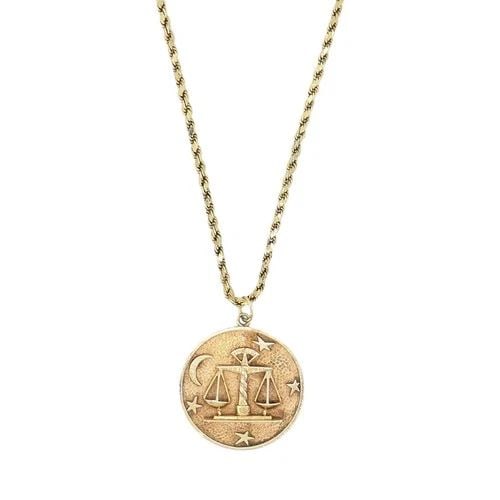 VINTAGE LIBRA 14K GOLD PENDANT ROPE CHAIN NECKLACE: VINTAGE LIBRA 14K GOLD PENDANT ROPE CHAIN NECKLACE KL UURT This vintage Libra zodiac pendant necklace is crafted in solid 14k yellow gold and dates to approximately the 1970s, when zodiac jewelry beca