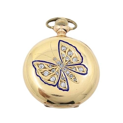 ANTIQUE ELGIN 14K GOLD KEYSTONE HUNTER CASE POCKET WATCH DIAMOND BUTTERFLY: ANTIQUE ELGIN 14K GOLD KEYSTONE HUNTER CASE POCKET WATCH DIAMOND BUTTERFLY DESIGNER: Elgin CIRCA: 1900s MATERIALS: 14k Gold, Enamel GEMSTONE: Diamond WEIGHT: 40.5 Grams MEASUREMENTS: Diameter - 1 5/16