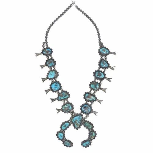 NAVAJO STERLING SILVER TURQUOISE SIGNED SQUASH BLOSSOM NECKLACE: NAVAJO STERLING SILVER TURQUOISE SIGNED SQUASH BLOSSOM NECKLACE KL JROO This vintage Navajo squash blossom necklace is a substantial handcrafted piece of Southwestern artistry, set with large natural 