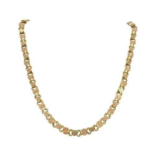 ANTIQUE VICTORIAN 14K TWO-TONE GOLD ORNATE LINK CHAIN NECKLACE: ANTIQUE VICTORIAN 14K TWO-TONE GOLD ORNATE LINK CHAIN NECKLACE KL JRTO This elegant Victorian-era necklace is crafted in solid 14K gold and features a refined decorative link design with alternating y