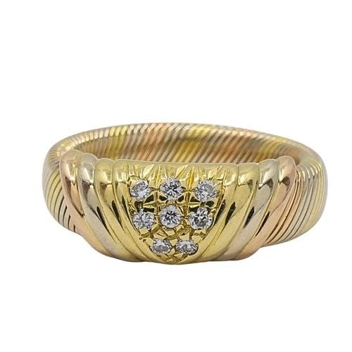 CARTIER 18K TRI-COLOR GOLD DIAMOND BAND RING: CARTIER 18K TRI-COLOR GOLD DIAMOND BAND RING DESIGNER Cartier CIRCA 1990s MATERIALS 18k Gold GEMSTONE Diamonds WEIGHT 6.4 Grams MEASUREMENTS 1/4” RING SIZE 5 (50) - not resizable HALLMARKS Carti
