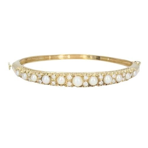ANTIQUE VICTORIAN 14K YELLOW GOLD PEARL DIAMOND HINGED BANGLE BRACELET (1 of 2)