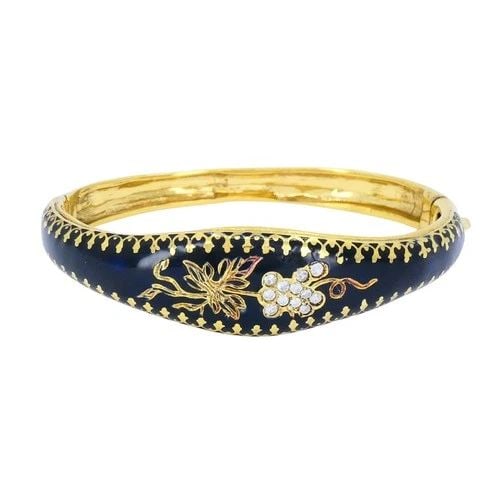 VICTORIAN 14K ENAMEL DIAMOND GRAPE MOTIF HINGE BRACELET: VICTORIAN 14K ENAMEL DIAMOND GRAPE MOTIF HINGE BRACELET KL JGOO This Victorian hinged bracelet is crafted in 14k yellow gold and features a detailed enamel and diamond design centered around a grape v