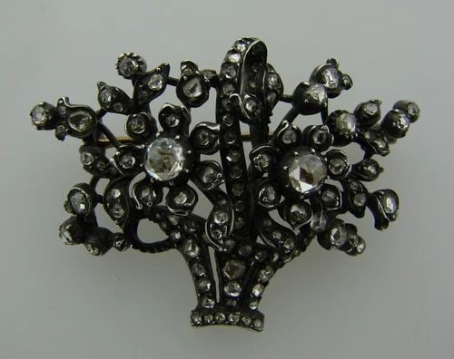 1800S GEORGIAN DIAMOND GOLD SILVER FLOWER BASKET BROOCH PIN PENDANT ADORABLE (1 of 2)