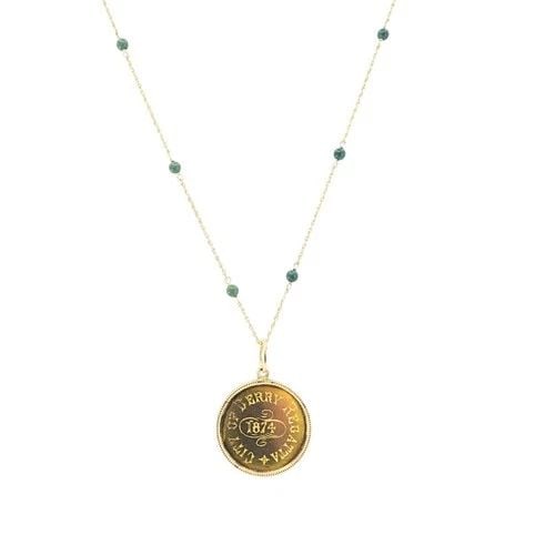 VICTORIAN 14K GOLD 1874 ENGRAVED COIN PENDANT NECKLACE: VICTORIAN 14K GOLD 1874 ENGRAVED COIN PENDANT NECKLACE Materials 14k Gold Weight 7.4 Grams Measurement Pendant Diameter - 1" Chain - 15" ITEM DETAILS Victorian 14k Gold 1874 Engraved Coin Pendant Neck