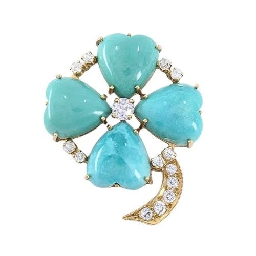 VINTAGE 14K GOLD TURQUOISE HEART CLOVER PENDANT WITH DIAMONDS: VINTAGE 14K GOLD TURQUOISE HEART CLOVER PENDANT WITH DIAMONDS CIRCA 1960s MATERIALS 14K Gold GEMSTONE Turquoise, Diamond WEIGHT 7.9 Grams MEASUREMENTS 1 1/8" x 1 3/8" ITEM DETAILS Vintage 14k Gold Tur