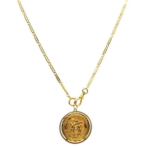 18K GOLD SAGITTARIUS ZODIAC PENDANT 10K GOLD WATCH CHAIN NECKLACE: DESIGNER: Unknown CIRCA: Late 20th Century MATERIALS: 10K Yellow Gold Chain, 18K Yellow Gold Pendant WEIGHT: 14.8 Grams MEASUREMENTS: The Length 14”; The Pendant Diameter - 1 3/16" HALLMARKS: 18