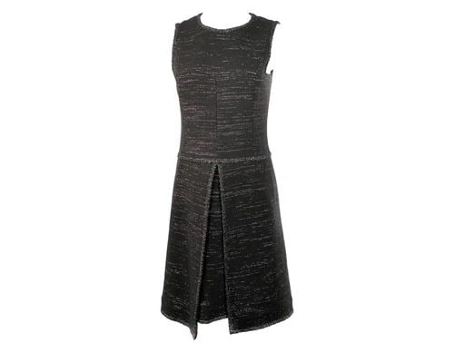 CHANEL BLACK TWEED AND METALLIC SLEEVELESS MIDI DRESS SIZE 40: CHANEL BLACK TWEED AND METALLIC SLEEVELESS MIDI DRESS SIZE 40 CHANEL BLACK TWEED AND METALLIC SLEEVELESS MIDI DRESS SIZE 40 Size 40 Black tweed with metallic detail 92% Wool Featuring front slit desig