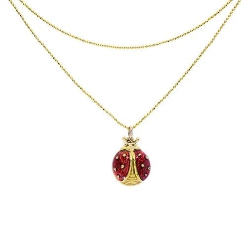 18K GOLD ENAMEL LADYBUG PENDANT 14K GOLD CHAIN NECKLACE: 18K GOLD ENAMEL LADYBUG PENDANT 14K GOLD CHAIN NECKLACE ES JNOO Product details: MATERIALS: 14k & 18k Gold, Enamel WEIGHT: 6.5 Grams MEASUREMENTS: Pendant - 5/8" Chain - 22" HALLMARKS: 14K, 18K ITEM D