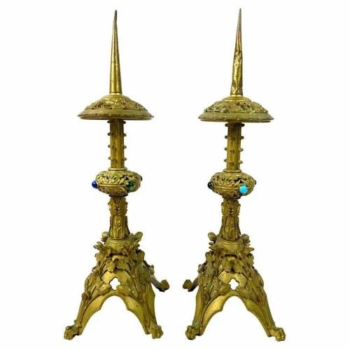 1930'S BRONZE AND GLASS PAIR OF CANDLESTICKS (1 of 2)