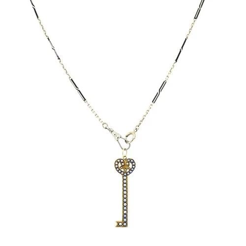 14K GOLD KEY PENDANT NECKLACE PEARLS AND BLACK ENAMEL: 14K GOLD KEY PENDANT NECKLACE PEARLS AND BLACK ENAMEL DESIGNER: Unknown MATERIALS: 14k Gold, Enamel WEIGHT: 9.6 Grams MEASUREMENTS: Pendant - 1/2" x 1 1/2" Chain - 13 1/2" HALLMARKS: 14K ITEM DETAILS: