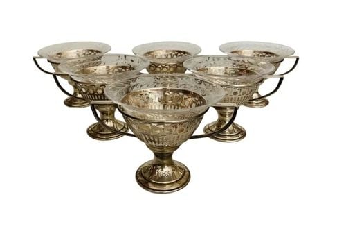 1920S TIFFANY & CO. SILVER AND ETCHED GLASS ICE CREAM DESSERT CUPS SET OF 6 (1 of 2)