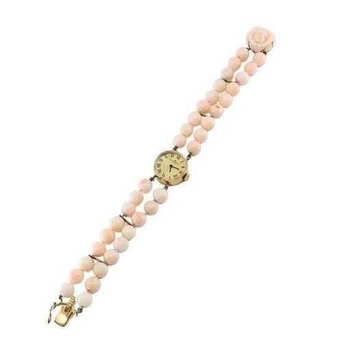 BAUME & MERCIER 14K ANGEL SKIN CORAL DOUBLE STRAND BRACELET WATCH, 1960S: BAUME & MERCIER 14K ANGEL SKIN CORAL DOUBLE STRAND BRACELET WATCH, 1960S ES JAOO ITEM DETAILS Baume & Mercier 14k Angel Skin Coral Double Strand Bracelet Watch, 1960s A feminine vintage Baume & Mercie