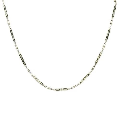 14K WHITE GOLD CHAIN NECKLACE BLACK ENAMEL: 14K WHITE GOLD CHAIN NECKLACE BLACK ENAMEL DESIGNER: Unknown CIRCA: 1900s MATERIALS: 14k Gold, Enamel WEIGHT: 11.4 Grams MEASUREMENTS: 16 1/2" x 1/8" HALLMARKS: 14K ITEM DETAILS: 14k White Gold Chain 