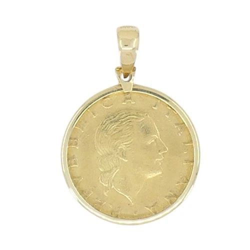 ITALIAN 14K GOLD LIRE COIN PENDANT: ITALIAN 14K GOLD LIRE COIN PENDANT This vintage Italian pendant features an authentic 1978 200 Lire coin, set in a finely crafted 14K yellow gold bezel by Milor. The coin itself is composed of aluminu