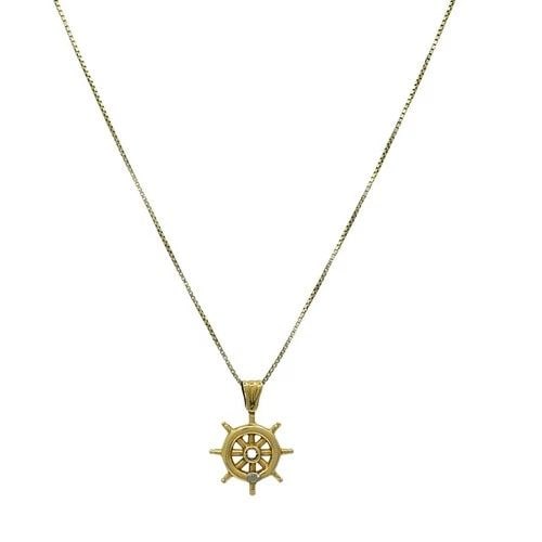 14K GOLD NAUTICAL WHEEL PENDANT NECKLACE DIAMOND ACCENT: 14K GOLD NAUTICAL WHEEL PENDANT NECKLACE DIAMOND ACCENT MATERIALS 14k Gold GEMSTONE Diamond WEIGHT 8 Grams MEASUREMENTS Pendant - 7/8" Chain - 15" HALLMARKS 14K, Italy, 585 ITEM DETAILS 14K Gold Nauti