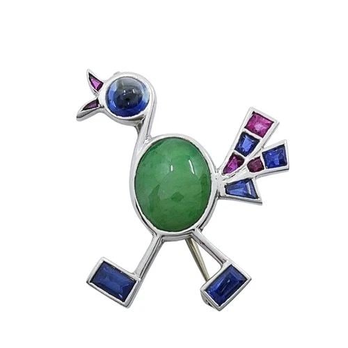 VINTAGE MODERNIST 14K WHITE GOLD MULTIGEMSTONE BIRD BROOCH: Vintage Modernist 14k White Gold Multigemstone Bird Brooch ES RTO Product details: MATERIALS: 14k Gold WEIGHT: 3.8 Grams MEASUREMENTS: 7/8” x 1” ITEM DETAILS: Vintage Modernist 14k White G