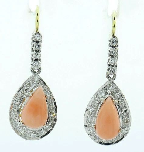 VINTAGE 14K WHITE AND YELLOW GOLD PINK CORAL AND DIAMOND DANGLE DROP EARRINGS: VINTAGE 14K WHITE AND YELLOW GOLD PINK CORAL AND DIAMOND DANGLE DROP EARRINGS VINTAGE 14K WHITE AND YELLOW GOLD PINK CORAL AND DIAMOND DANGLE DROP EARRINGS Vintage 14k White and Yellow Gold Pink Coral