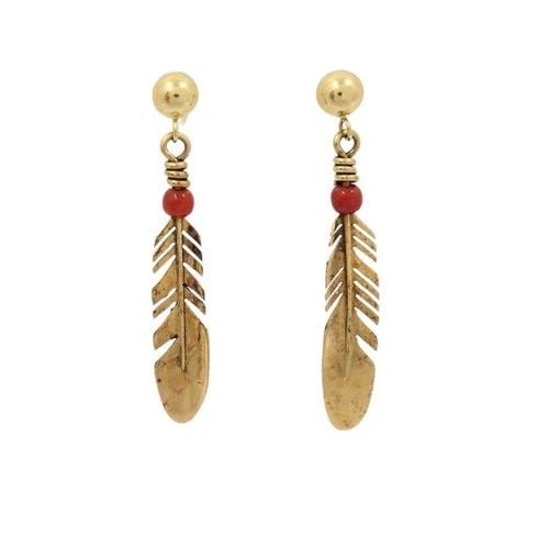 RAY TRACEY 14K GOLD NAVAJO FEATHER DROP EARRINGS CORAL BEADS: RAY TRACEY 14K GOLD NAVAJO FEATHER DROP EARRINGS CORAL BEADS CIRCA 1970s MATERIALS 14K Gold GEMSTONE Coral WEIGHT 2.1 Grams MEASUREMENT 1 1/2" x 1/4" ITEM DETAILS Ray Tracey 14k Gold Navajo Feather Dr