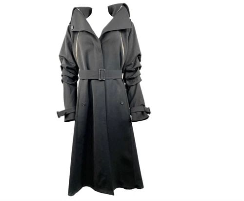 GIANFRANCO FERRE BLACK WOOL LONG COAT JACKET W/ BELT SIZE 44 (1 of 2)