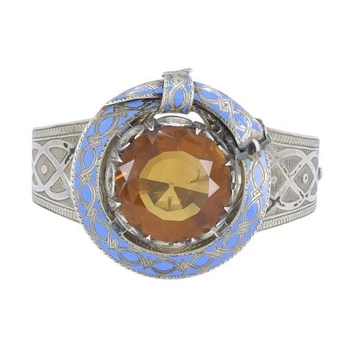 ANTIQUE VICTORIAN MACKAY SCOTTISH SILVER BLUE ENAMEL CITRINE HINGED BRACELET: Antique Victorian Mackay Scottish Silver Blue Enamel Citrine Hinged Bracelet KL ITO This J.G. Mackay silver enamel citrine bracelet reflects late 19th to early 20th century Scottish craftsmanship, com