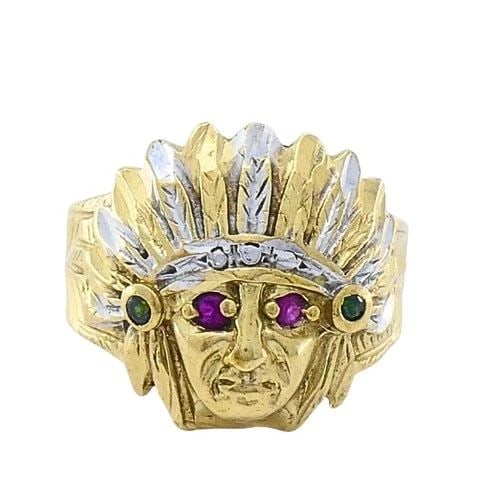 VINTAGE 10K GOLD NATIVE AMERICAN HEADDRESS RING: VINTAGE 10K GOLD NATIVE AMERICAN HEADDRESS RING Product details: MATERIALS: 10k Gold WEIGHT: 4.2 Grams RING SIZE: 5.25 - 5.5 MEASUREMENTS: 3/4" x 5/8" HALLMARKS: 10K ITEM DETAILS: Vintage 10k Gold Nat