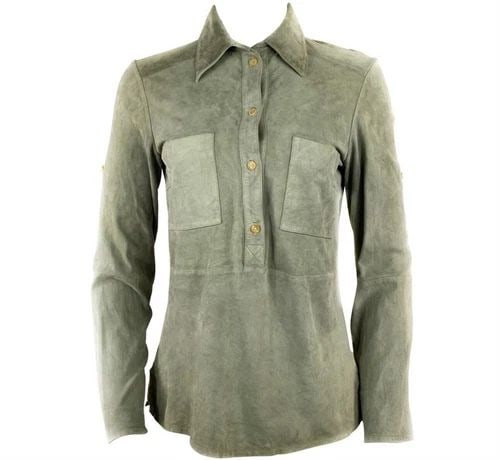 CELINE GREY GREEN OLIVE SUEDE BUTTON-DOWN SHIRT TOP SIZE 38 (1 of 2)
