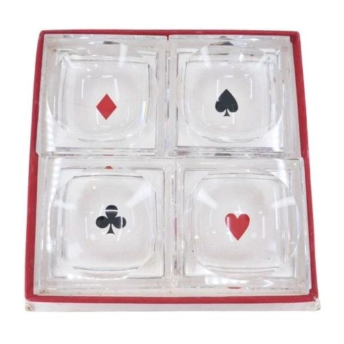 BACCARAT FRANCE CRYSTAL GLASS PLAYING CARD TRINKET ASH TRAYS: BACCARAT FRANCE CRYSTAL GLASS PLAYING CARD TRINKET ASH TRAYS KL UTO 4 square crystal ashtrays or trinket trays from Maison Baccarat. Decorated with the colors of a deck of cards. Each measuring 2 3/8"