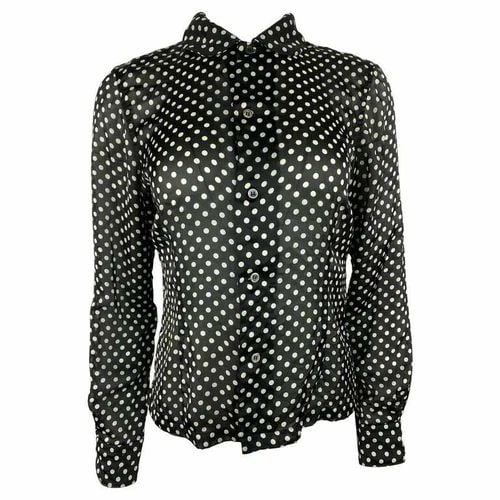 COMME DES GARCONS BLACK AND WHITE POLKA DOT BLOUSE TOP, SIZE SMALL: COMME DES GARCONS BLACK AND WHITE POLKA DOT BLOUSE TOP, SIZE SMALL COMME DES GARCONS BLACK AND WHITE POLKA DOT BLOUSE TOP, SIZE SMALL The blouse features front button-down closure, collar and long sle