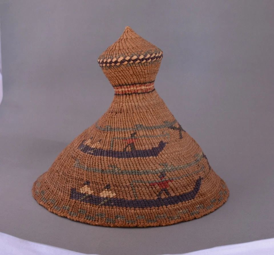 RARE VINTAGE OLDER NORTHWEST COAST WHALER'S HAT BASKET - PICTORIAL WHALES - (1 of 2)