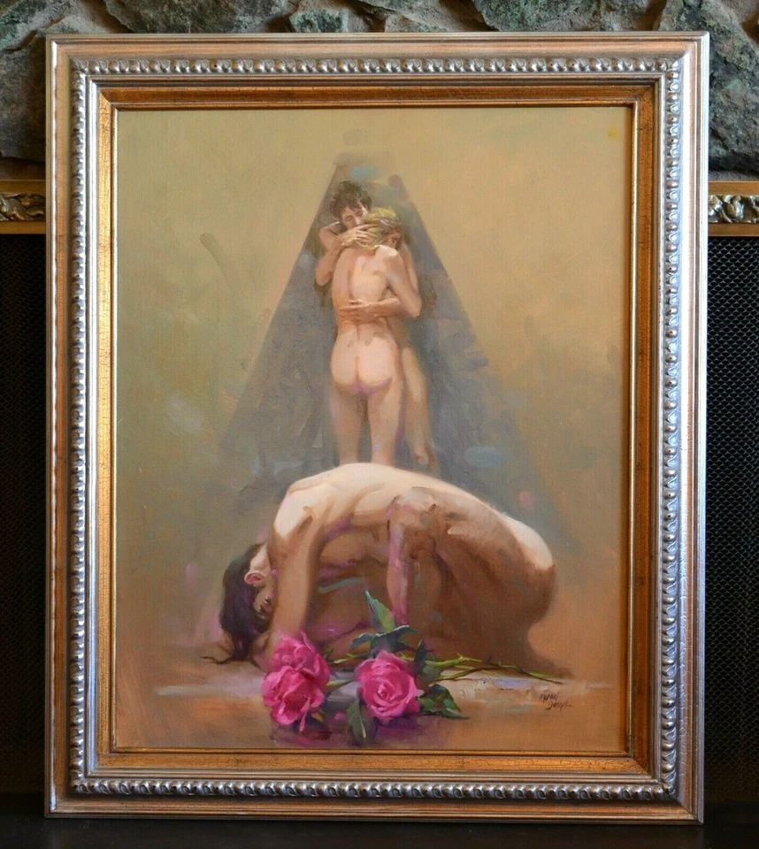 ADULT ONLY ITEM - REQUIRES VERIFICATION: ADULT ONLY ITEM - REQUIRES VERIFICATION Item : This symbolic original oil painting by James Joseph Menzel is titled "Triangle". It measures 30" tall by 24" across. With frame, it measures 36 3/4" tall
