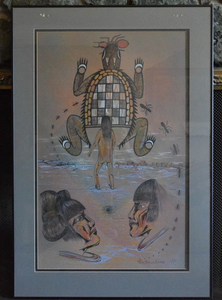 DELBRIDGE HONANIE (1946-) COOCHSIWUKIOMA - HOPI PAINTING - CREATION STORY: DELBRIDGE HONANIE (1946-) COOCHSIWUKIOMA - HOPI PAINTING - CREATION STORY Delbridge Honanie is a traditional Hopi artist who is a founding member of the group Artist Hopid which was formed to educate 
