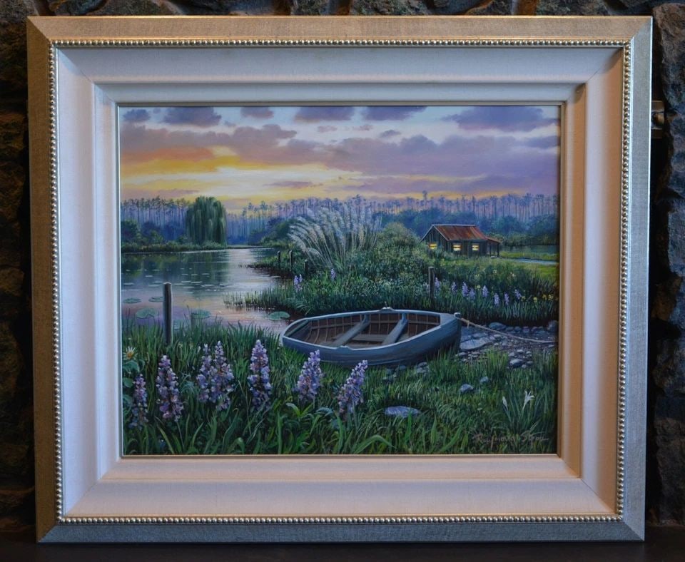 RAYMOND SIPOS (1938-) OIL PAINTING OLD BOAT DOCKED IN BAYOU IN SPRING - FLOWERS: RAYMOND SIPOS (1938-) OIL PAINTING OLD BOAT DOCKED IN BAYOU IN SPRING - FLOWERS Item Description: This original oil painting was done by Raymond Sipos (1938-). It is titled on the back, "Silent Rendez