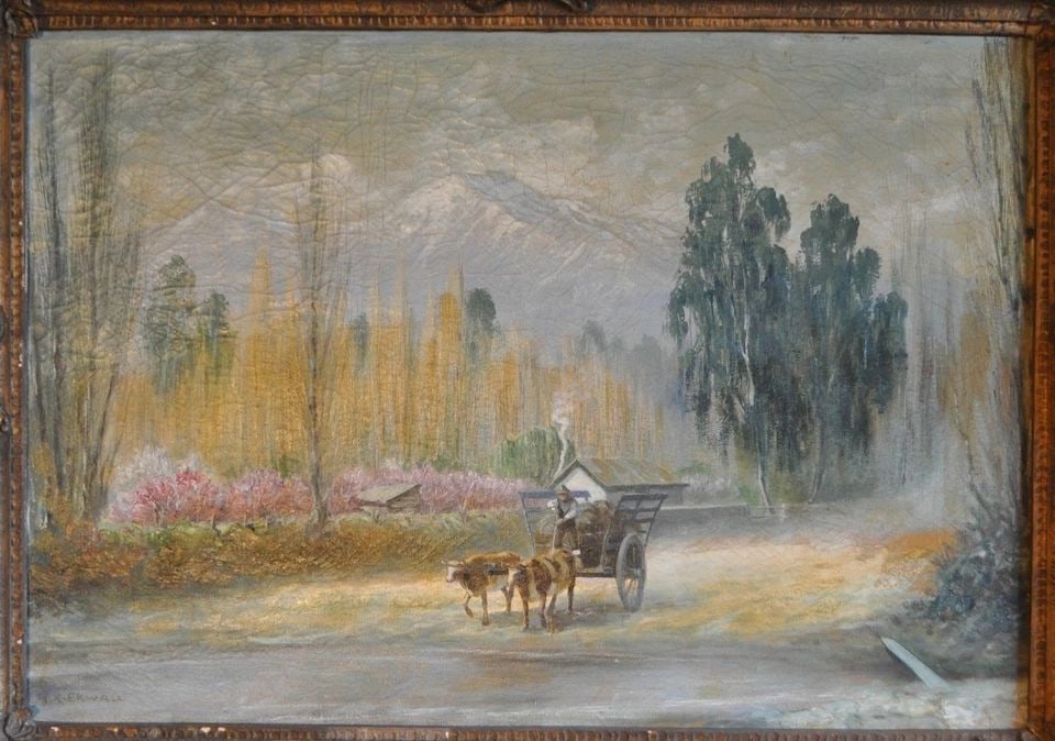 LG PAINTING COUNTRY LANDSCAPE OXEN CART - CHILE - HARALD KURT KNUT EKWALL 1873- (1 of 1)