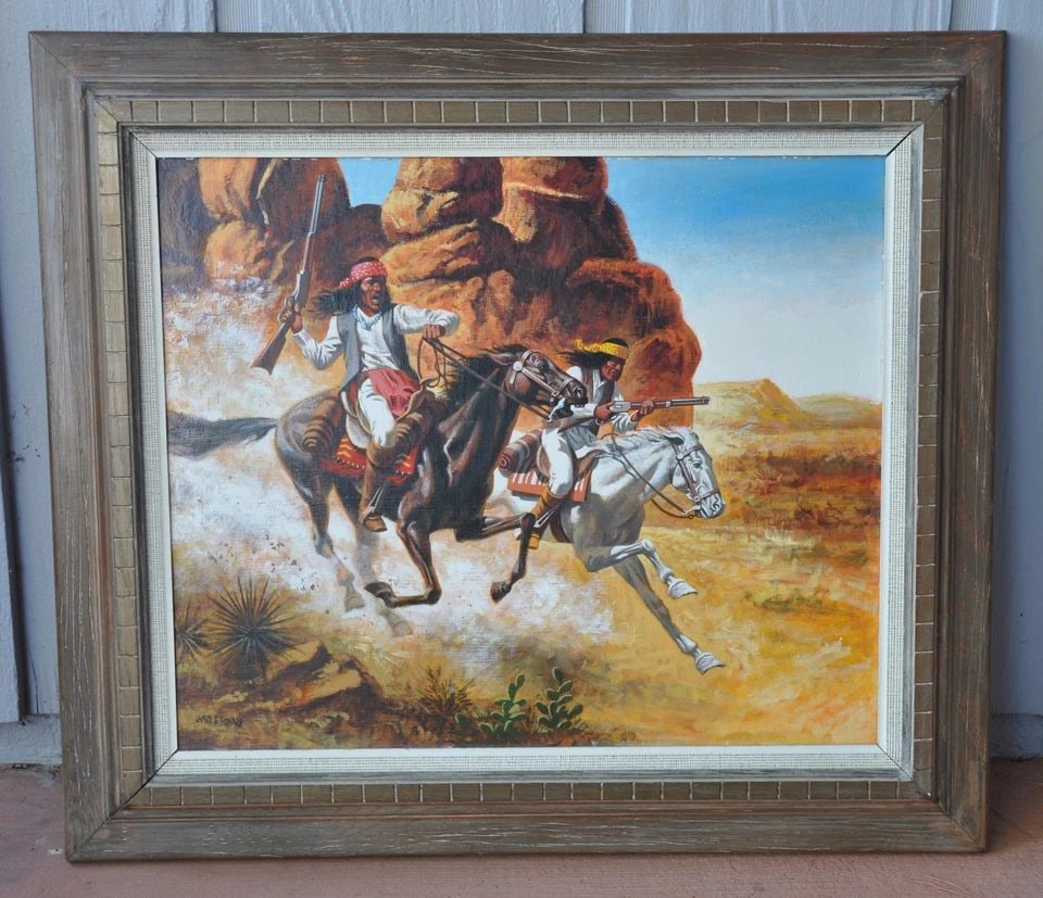 JAMES E. SEWARD (1926-) ORIGINAL OIL PAINTING APACHE "GERONIMO" ON HORSEBACK (1 of 2)