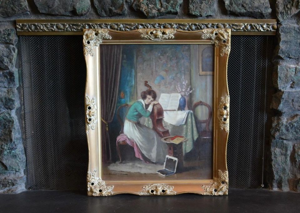 ENDRE KOMAROMI-KACZ (1880-1969) HUNGARIAN - OIL PAINTING YOUNG WOMAN WITH CELLO: ENDRE KOMAROMI-KACZ (1880-1969) HUNGARIAN - OIL PAINTING YOUNG WOMAN WITH CELLO This antique oil painting was done by Hungarian artist Endre Komaromi-Kacz (1890-1969). Endre is known for his genre pai