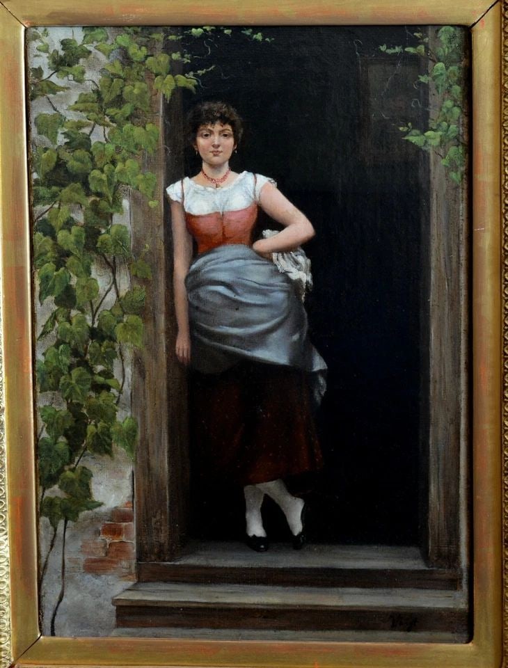 FRANZ WILHELM VOIGT (1867-) OIL PAINTING YOUNG WOMAN IN DOORWAY - MUNICH GERMANY: FRANZ WILHELM VOIGT (1867-) OIL PAINTING YOUNG WOMAN IN DOORWAY - MUNICH GERMANY Item Description: This Vintage Antique painting was done by German painter Franz Wilhelm Voigt (1967-1949). It is oil o