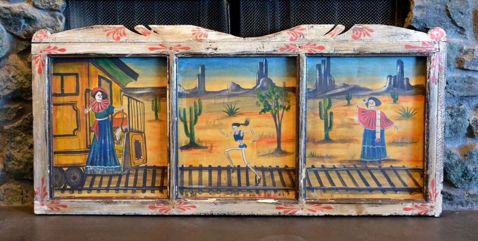 VINTAGE RETABLO - THREE PANEL PAINTING - DAY OF THE DEAD - MEXICO FOLK ART (1 of 1)