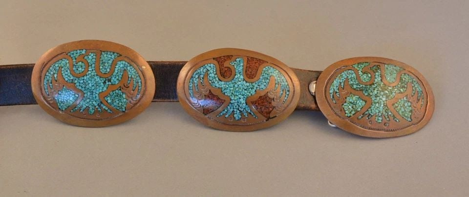 OLD PAWN NAVAJO COPPER CONCHO BELT - TURQUOISE CORAL INLAY - WATER BIRD - 44": OLD PAWN NAVAJO COPPER CONCHO BELT - TURQUOISE CORAL INLAY - WATER BIRD - 44" This Old Pawn Navajo concho belt has copper conchos inlaid with coral and turquoise chip inlay. There are 8 conchos plus t