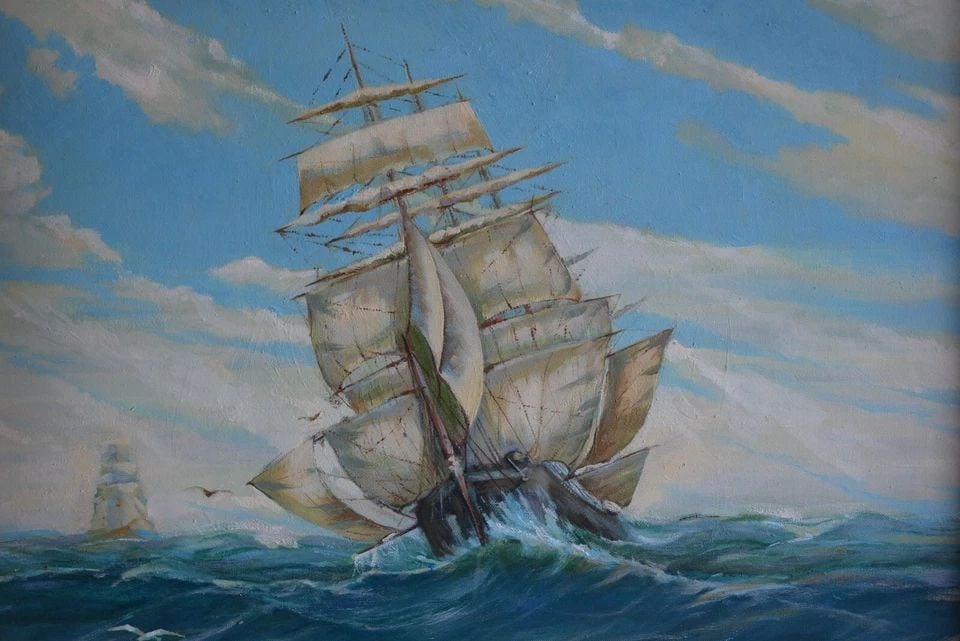 LARGE OIL PAINTING - 1800S CLIPPER SHIP - ROUGH SEAS - BLUE SKY - C. G. 1940 (1 of 2)