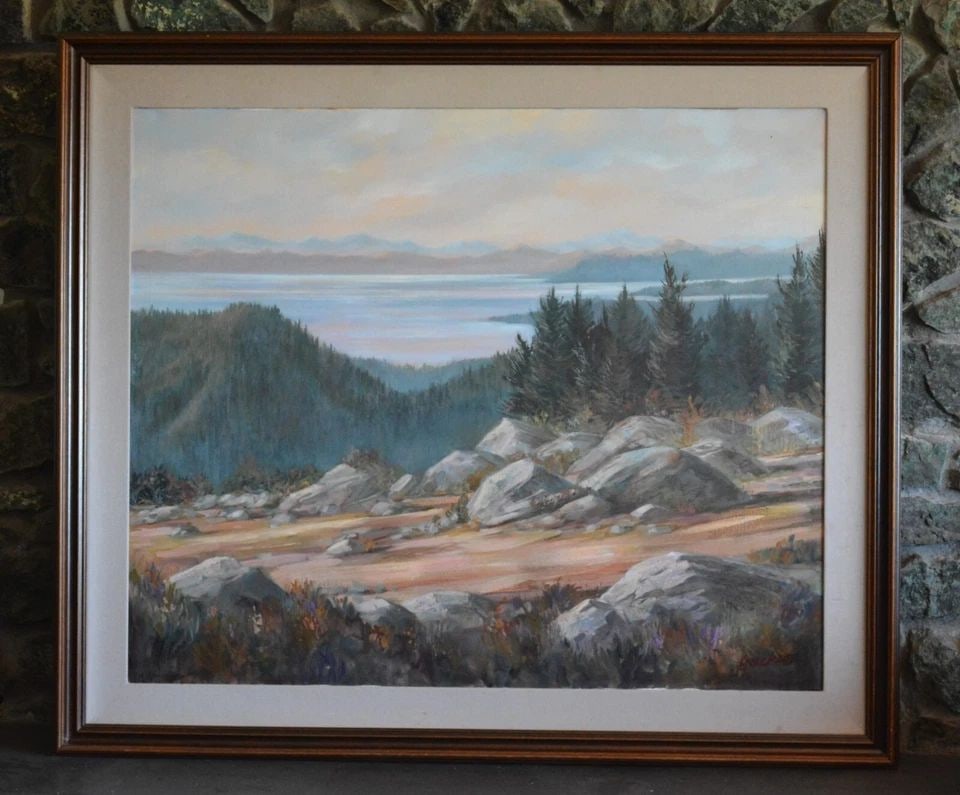 LARGE ORIGINAL OIL PAINTING - MOUNTAIN LAKE TAHOE LANDSCAPE - MARILYN ERICKSON (1 of 2)