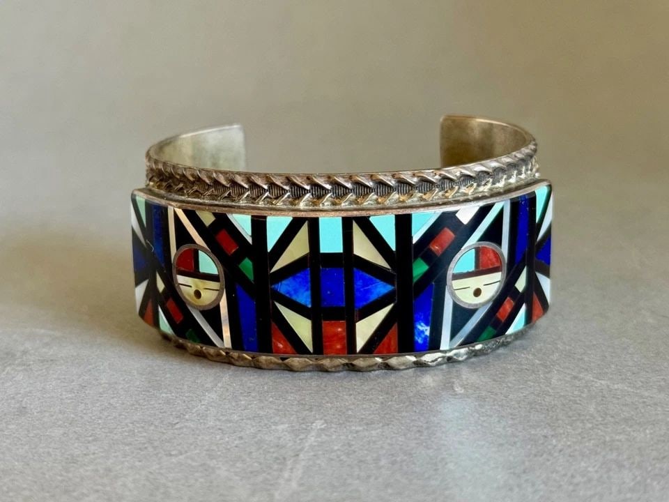 ERNIE OHMSATTE ZUNI STERLING SILVER MULTI STONE INLAY CUFF BRACELET 84 GRAMS (1 of 1)